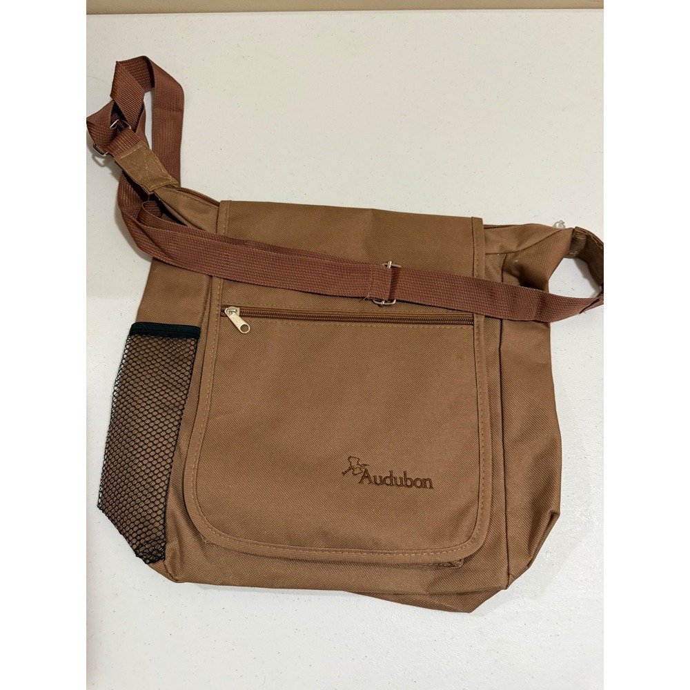 Audubon Messenger Bag Tan Brown Canvas Crossbody Field Bag with Mesh Pocket